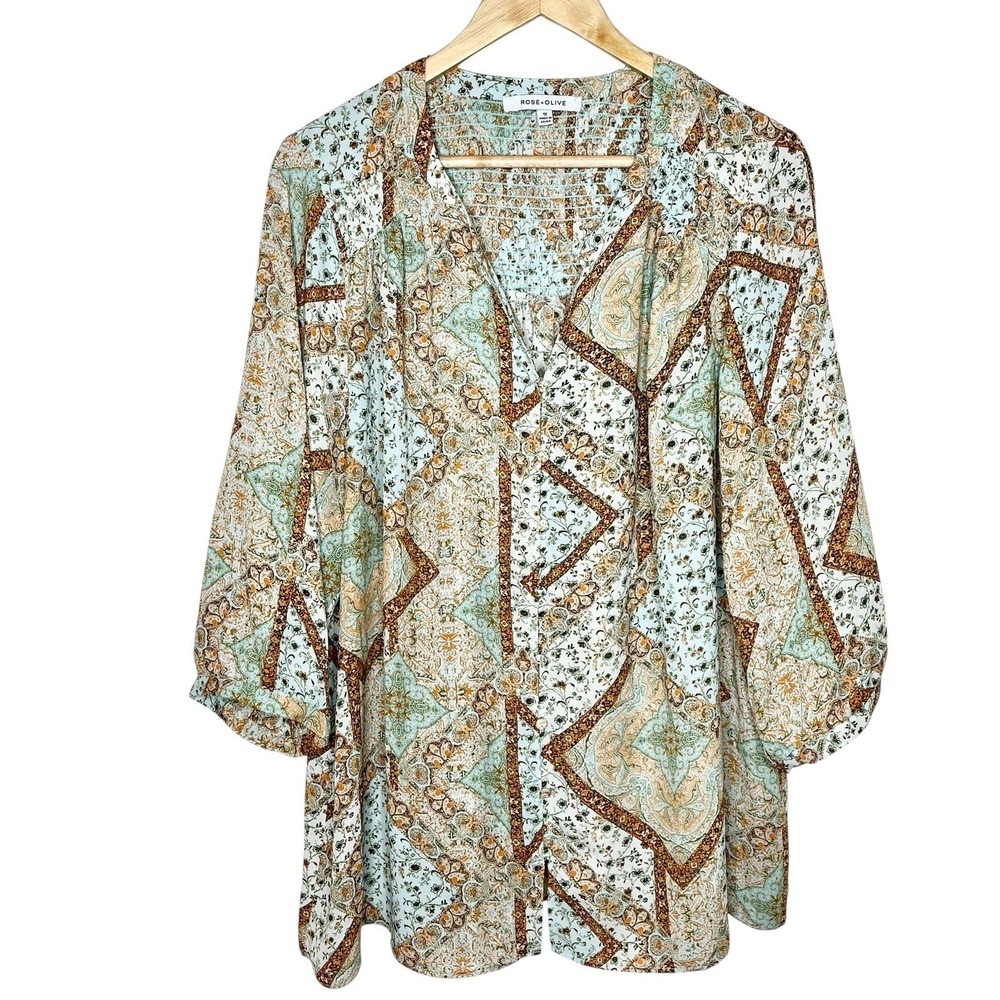 Rose and Olive Floral Patchwork Print Top Womens Size 1X Boho